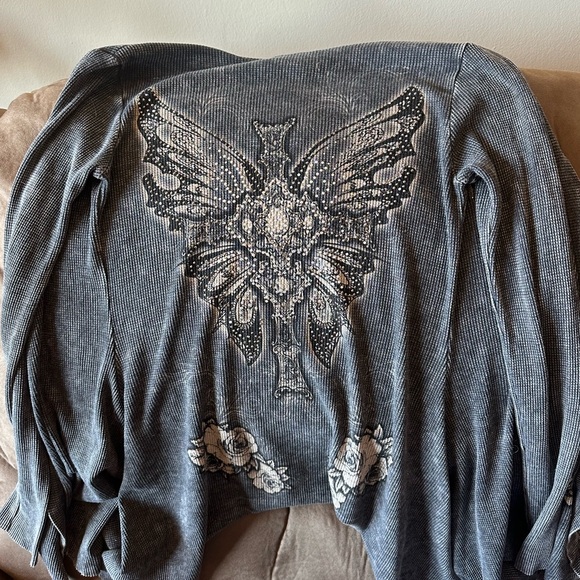 vocal cardigan / y2k bling angel wing biker 2000s drape / dark grey size small - Picture 6 of 6